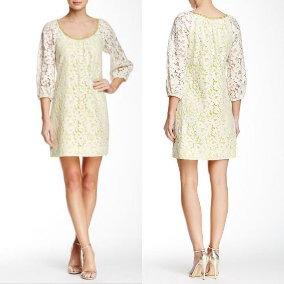 Trina Turk Wakeboard Neon Natural Lace Layover Balloon Sleeve Shift Dress - Picture 1 of 14
